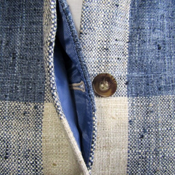 J McLaughlin Cream Blue Gingham Plaid Long Jacket Coat Womens Size S Statement - Picture 4 of 9